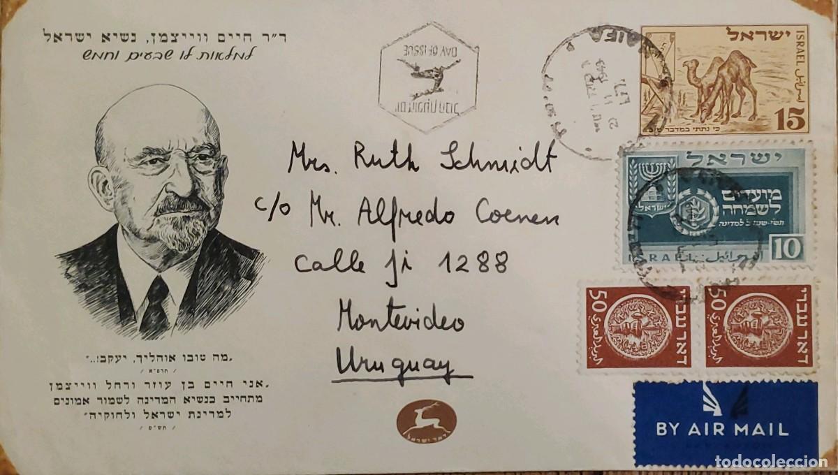 Sellos: MI) 1949 ISRAEL, FIRST DAY COVER FROM TEL AVIV TO MONTEVIDEO, URUGUAY; FEATURES A PORTRAIT OF CHAIM