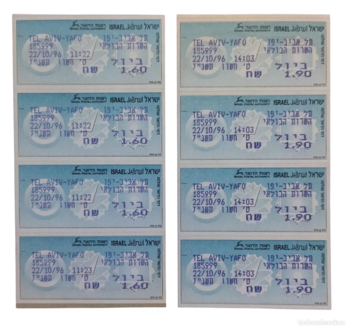 Sellos: ISRAEL 1996 LOTE DE 8 ETIQUETAS ATM - MASSAD EMISI&Oacute;N TEL AVIV (1.60 Y 1.90 SH. NUEVO - MNH.)