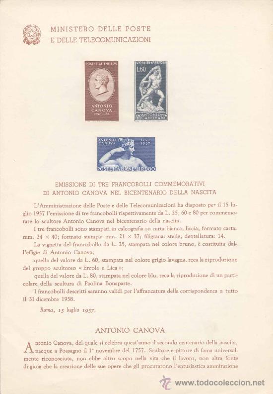 Timbres: ITALIA.-PINTURA.-ANTONIO CANOVA. IMPRESI&Oacute;N DEFINITIVA SELLO SOBRE NOTA OFICIAL