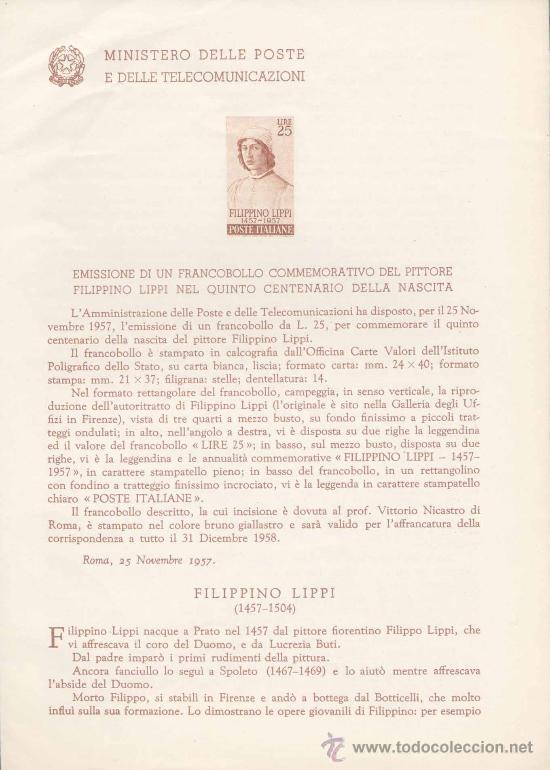 Timbres: ITALIA.-PINTURA.-FILIPPO LIPPI. IMPRESI&Oacute;N DEFINITIVA SELLO SOBRE NOTA OFICIAL