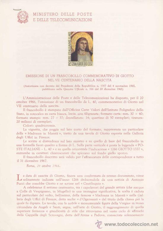 Timbres: ITALIA.-PINTURA.-GIOTTO. IMPRESI&Oacute;N DEFINITIVA SELLO SOBRE NOTA OFICIAL-1966