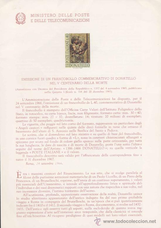 Timbres: ITALIA.-PINTURA.-DONATELLO. IMPRESI&Oacute;N DEFINITIVA SELLO SOBRE NOTA OFICIAL.-1966