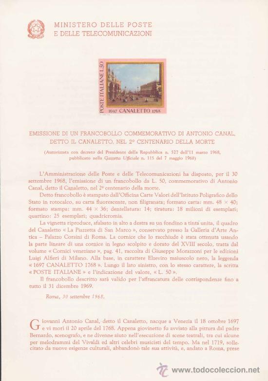 Timbres: ITALIA.-PINTURA.-CANALETTO. IMPRESI&Oacute;N DEFINITIVA SELLO SOBRE NOTA OFICIAL.-1968