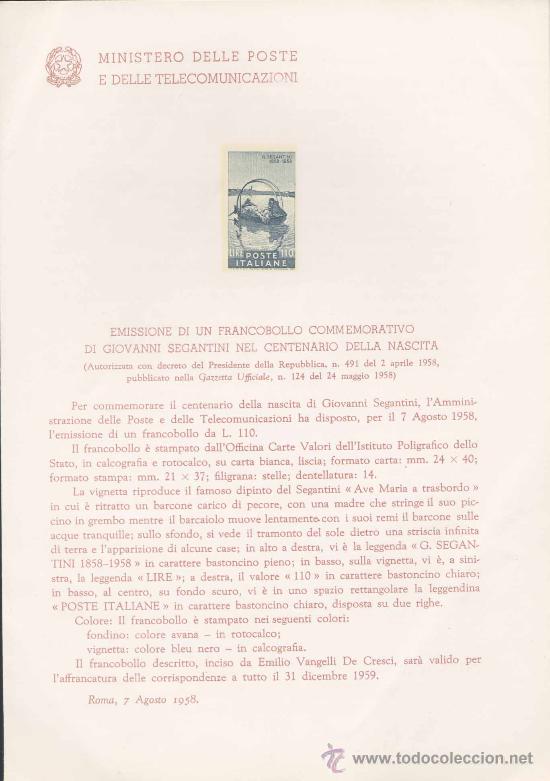 Timbres: ITALIA.-PINTURA.-SEGANTINI. IMPRESI&Oacute;N DEFINITIVA SELLO SOBRE NOTA OFICIAL.-1958