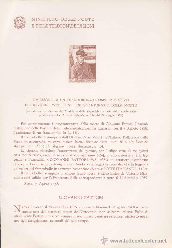 Timbres: ITALIA.-PINTURA.-GIOVANNI FATTORI. IMPRESI&Oacute;N DEFINITIVA SELLO SOBRE NOTA OFICIAL.-1958