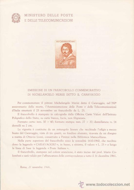 Timbres: ITALIA.-PINTURA.-CARAVAGGIO. IMPRESI&Oacute;N DEFINITIVA SELLO SOBRE NOTA OFICIAL.-1960