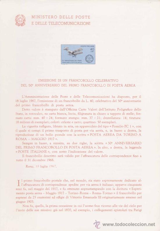 Timbres: ITALIA.-AVIACI&Oacute;N.-IMPRESI&Oacute;N DEFINITIVA SELLOS DELTEMA SOBRE NOTA OFICIAL.-1967
