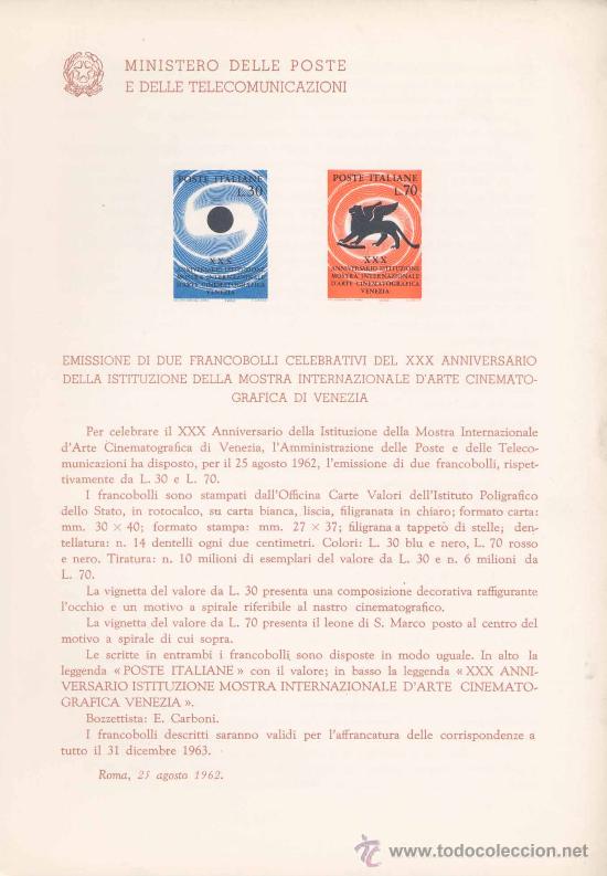 Timbres: ITALIA.-CINE.-IMPRESI&Oacute;N DEFINITIVA SELLOS DELTEMA SOBRE NOTA OFICIAL.-1962 MOSTRA VENECIA