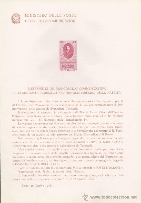 Timbres: ITALIA.-TORRICELLI.-IMPRESI&Oacute;N DEFINITIVA SELLOS DELTEMA SOBRE NOTA OFICIAL.-1958