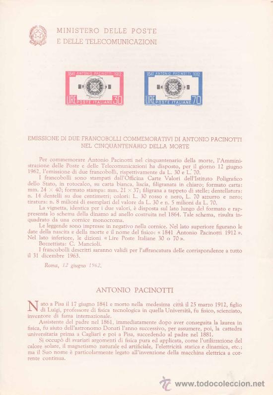 Timbres: ITALIA.-F&Iacute;SICA.-ANTONIO PACINOTTI. IMPRESI&Oacute;N DEFINITIVA SELLO SOBRE NOTA OFICIAL.-1962