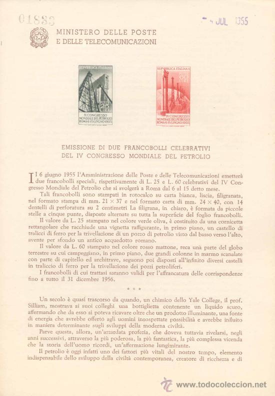Timbres: ITALIA.-IV CONGRESO DEL PETROLEO. IMPRESI&Oacute;N DEFINITIVA SELLO SOBRE NOTA OFICIAL.-1955