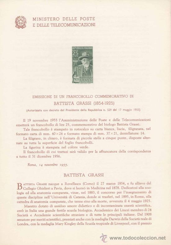 Timbres: ITALIA.-MEDICINA.-BATTISTA GRASSI.-IMPRESI&Oacute;N DEFINITIVA SELLOS DELTEMA SOBRE NOTA OFICIAL.-1962