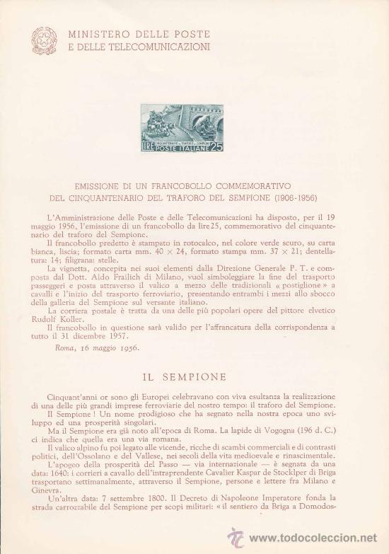 Timbres: ITALIA.-TRAFORO DEL SEMPIONE.-IMPRESI&Oacute;N DEFINITIVA SELLOS DELTEMA SOBRE NOTA OFICIAL.-1956