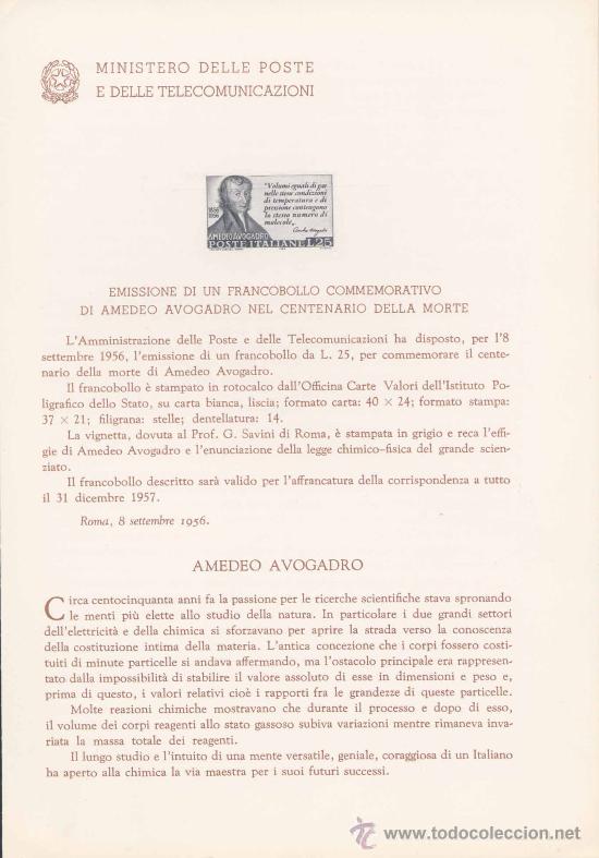 Timbres: ITALIA.-AMEDEO AVOGADRO.-IMPRESI&Oacute;N DEFINITIVA SELLOS DELTEMA SOBRE NOTA OFICIAL.-1956