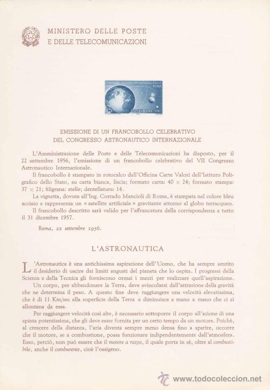 Timbres: ITALIA.-ASTRONAUTICA.-IMPRESI&Oacute;N DEFINITIVA SELLOS DELTEMA SOBRE NOTA OFICIAL.-1956