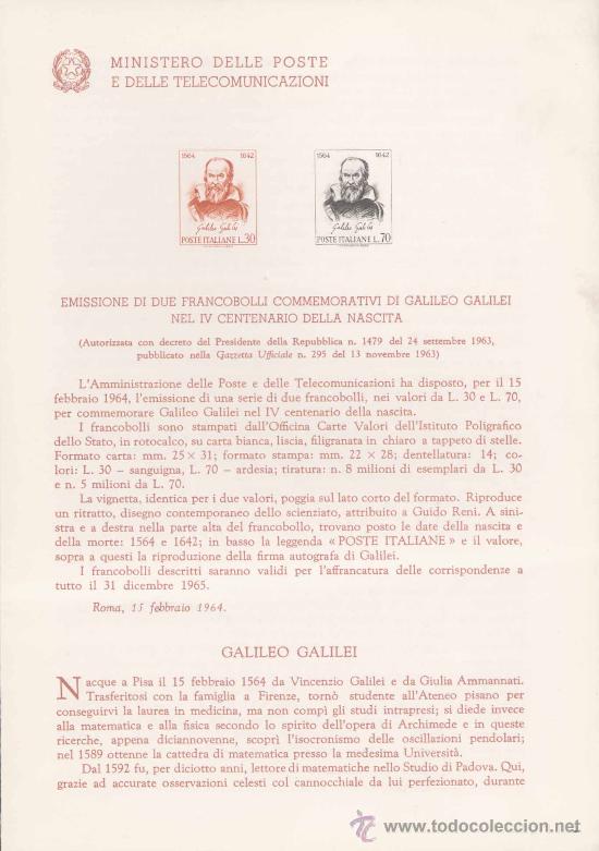 Timbres: ITALIA.-GALILEO GALILEI.-IMPRESI&Oacute;N DEFINITIVA SELLOS DELTEMA SOBRE NOTA OFICIAL.-1964