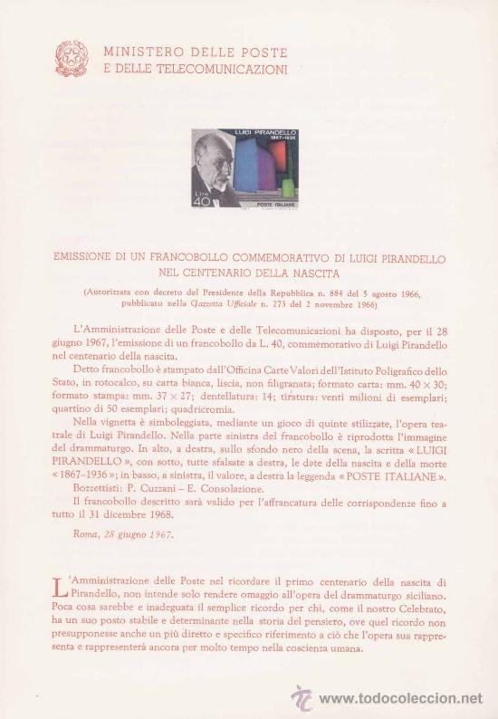 Timbres: ITALIA.-LITERATURA.-LUIGI PIRANDELLO. IMPRESI&Oacute;N DEFINITIVA SELLOS SOBRE NOTA OFICIAL.-1967