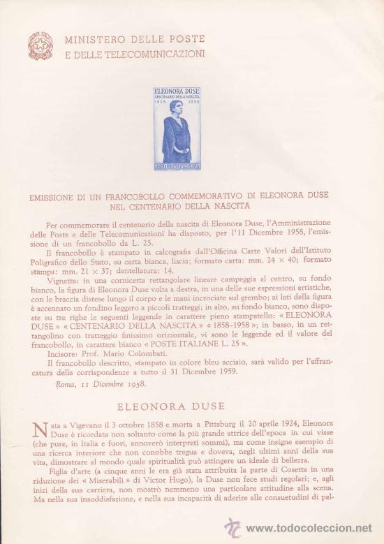 Timbres: ITALIA.-ELEONORA DUSSE(ACTRIZ).-IMPRESI&Oacute;N DEFINITIVA SELLOS SOBRE NOTA OFICIAL.-1958