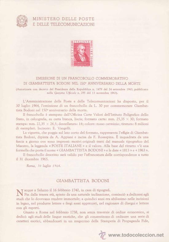Timbres: ITALIA.-GIAMBATTISTA BODONI(TIPOGRAFO).-IMPRESI&Oacute;N DEFINITIVA SELLOS SOBRE NOTA OFICIAL.-1964