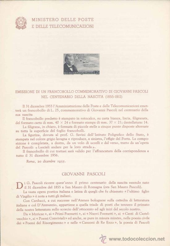 Timbres: ITALIA.-GIOVANNI PASCOLI.-IMPRESI&Oacute;N DEFINITIVA SELLOS DELTEMA SOBRE NOTA OFICIAL.-1955