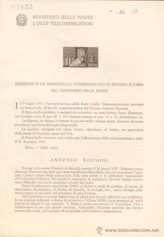 Timbres: ITALIA.-ANTONIO ROSMINI.-IMPRESI&Oacute;N DEFINITIVA SELLOS DELTEMA SOBRE NOTA OFICIAL.-1955