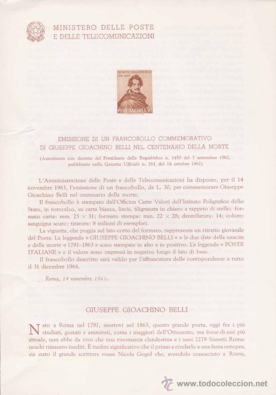 Timbres: ITALIA.-GIUSEPPE BELLI.-IMPRESI&Oacute;N DEFINITIVA SELLOS DELTEMA SOBRE NOTA OFICIAL.-1963