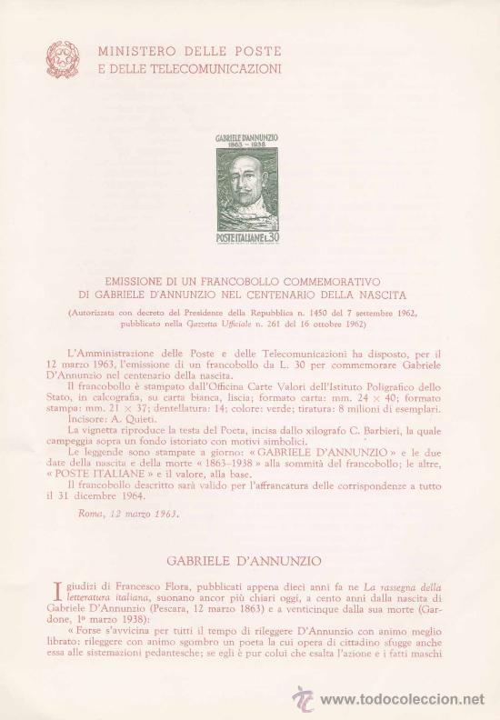 Timbres: ITALIA.-GABRIELE D&acute;ANNUNZIO.-IMPRESI&Oacute;N DEFINITIVA SELLOS DELTEMA SOBRE NOTA OFICIAL.-1963