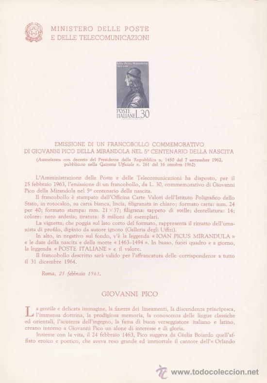 Timbres: ITALIA.-GIOVANNI PICO.-IMPRESI&Oacute;N DEFINITIVA SELLOS DELTEMA SOBRE NOTA OFICIAL.-1963