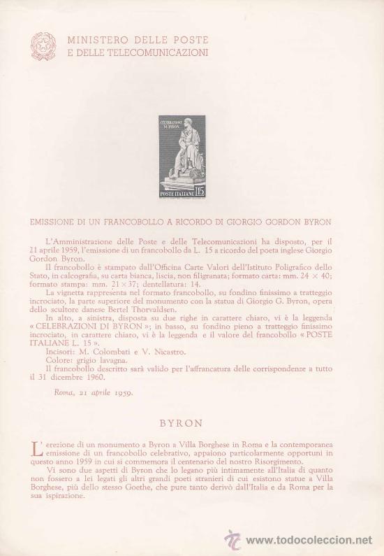 Timbres: ITALIA.-BYRON.-IMPRESI&Oacute;N DEFINITIVA SELLOS DELTEMA SOBRE NOTA OFICIAL.-1959