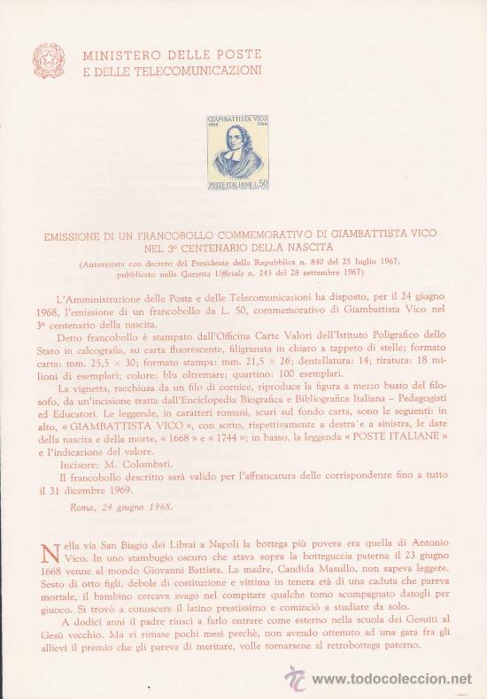 Timbres: ITALIA.-GIAMBATTISTA VICO.-IMPRESI&Oacute;N DEFINITIVA SELLOS SOBRE NOTA OFICIAL.-1968