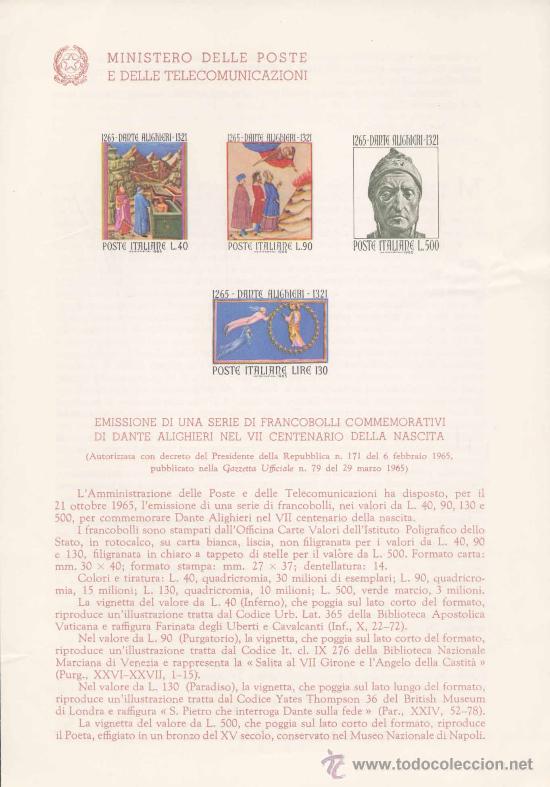 Timbres: ITALIA.-DANTE ALIGHIERI.-IMPRESI&Oacute;N DEFINITIVA SELLOS DELTEMA SOBRE NOTA OFICIAL.-1965