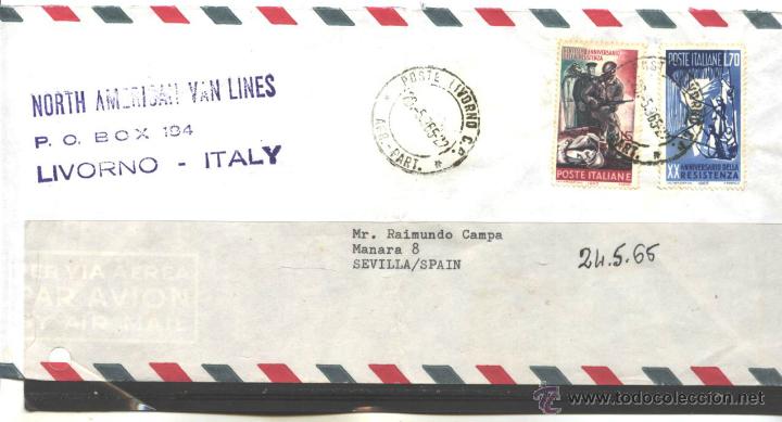 Timbres: ITALA 1965 - SOBRE CIRCULADO Y ABIERTO LIVORNO A SEVILLA (ESPA&Ntilde;A)