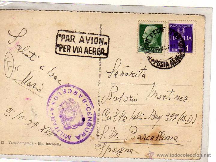 Briefmarken: Censura militar Barcelona. Per via aerea. Postal Milan Milano.