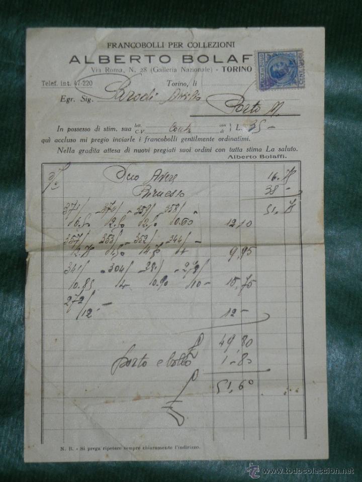 Timbres: NOTA ENTREGA CASA DE FILATELIA ALBERTO BOLAFFI DE TURIN - CON SELLO FISCAL A&Ntilde;OS 1920S