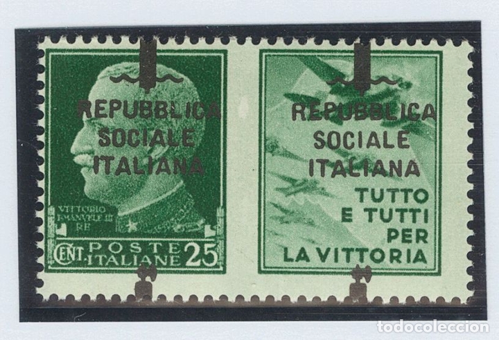 Sellos: Italia-Rep&uacute;blica Social. MNH **Yv 21. 1944. 25 cts verde (vi&ntilde;eta Tipo III). Variedad SOBRECARGA DES