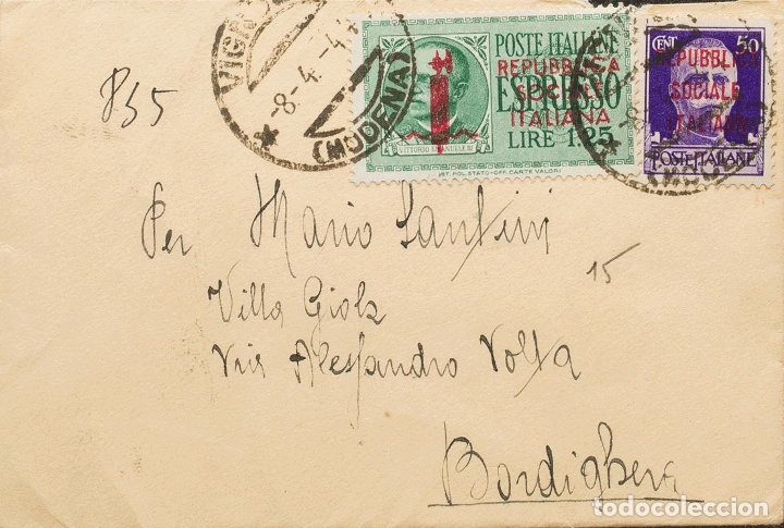 Sellos: Italia-Rep&uacute;blica Social. Sobre Yv 23, Urgente 3. 1944. 50 cts violeta y 1&acute;25 pts verde de correo Ur