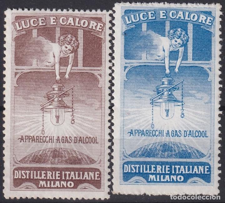 Sellos: F-EX18930 ITALY ITALIA CINDERELLA CIRCA 1920 ELECTRIC LIGHT DISTILLERIA MILANO LUCE E CALORE.