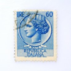 Sellos: SELLO POSTAL ITALIA 1955 60 LIRA MONEDA DE SIRACUSA , MARCA DE AGUA STAR I HORIZONTAL