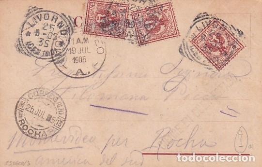 Selos: Franqueo curioso sobre tarjeta postal. Livorno Italia Rocha.