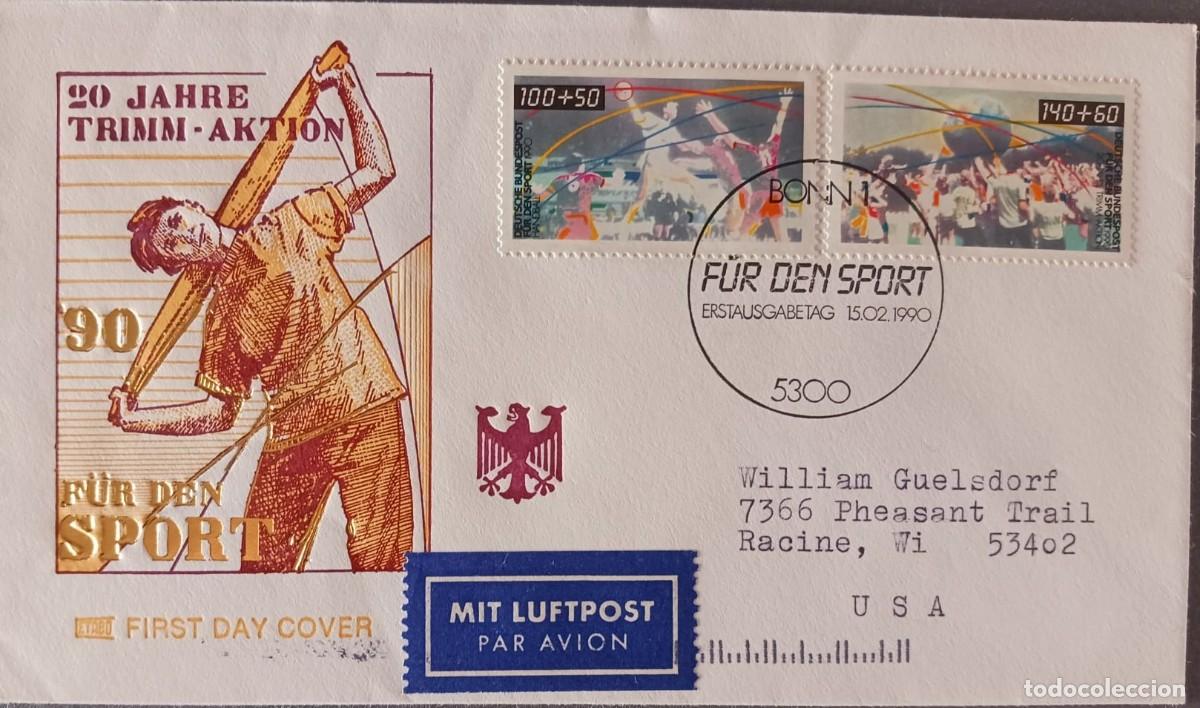 Sellos: O) 1990 GERMANY, SURTAX FOT THE NATIONAL SPORTS PROMOTION FOUNDATION, HANDBALL, PHYSICAL FITNESS, PO