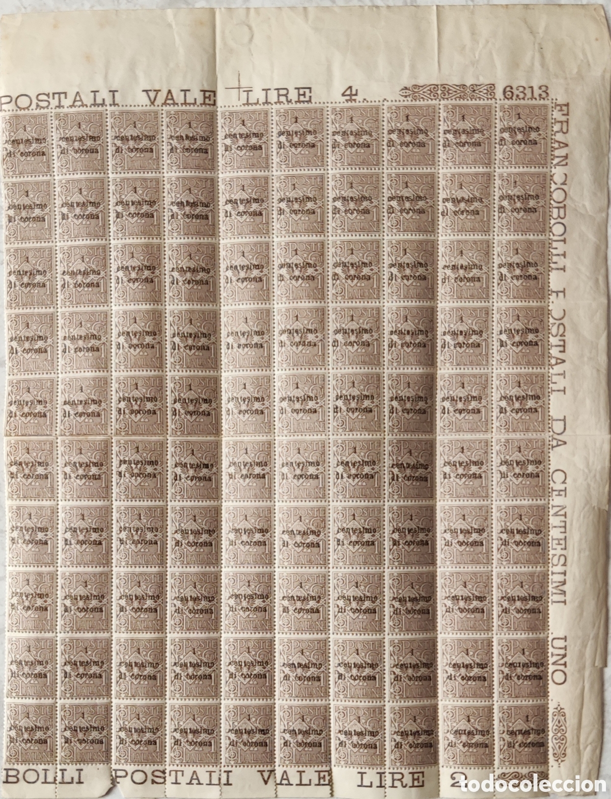 Selos: Italia sellos hoja pliego de 100 sellos 1 ctm de corona Variedades MNH