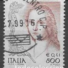 Sellos: ITALIA 1999 - LA MUJER EN EL ARTE, DAMA Y UNICORNIO. RAFAEL, VALOR FACIAL LIRAS Y EUROS - USADO