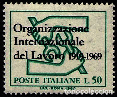 Selos: Francobollo Usato Rep. Italiana 1969 50^ ANN. ORGANIZZAZIONE INT. LAVORO 50 L. - Rep. Italiana