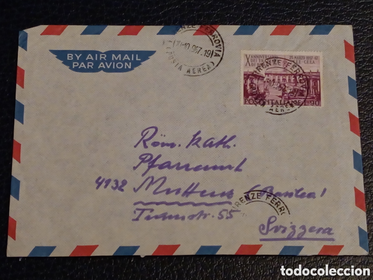 Sellos: Sobre Circulado 1957 Italia a Suiza - Matasellos Firenze Ferrovia - Filatelia