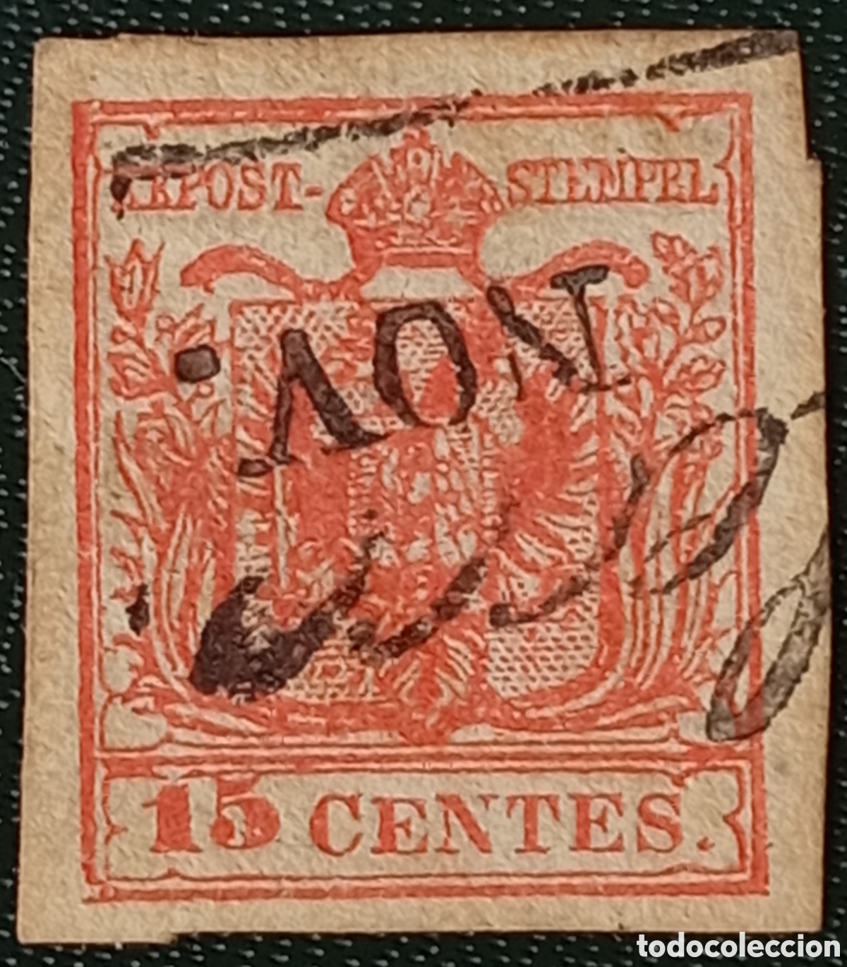 Sellos: 1850 Lombard&iacute;a-Venecia 15c Rojo - Escudo de Armas - Scott #4 Usado