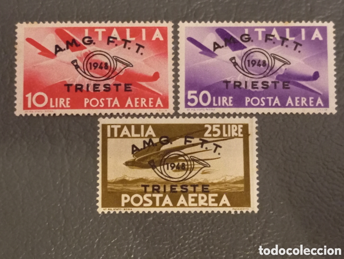 Sellos: Trieste Zona A 1948 - Correo A&eacute;reo AMG-FTT - Serie (3 val) - MNH - Edifil 21/23