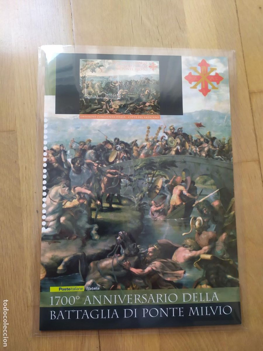 Sellos: CARPETA FOLDER FILATELICO ITALIA-VATICANO. 1700 ANIVERSARIO BATALLA DE PUENTE MILVIO. 2012