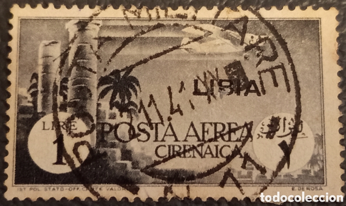 Sellos: Sello Cirenaica 1932 - Correo A&eacute;reo 10 Lire Usado (Scott #C11)