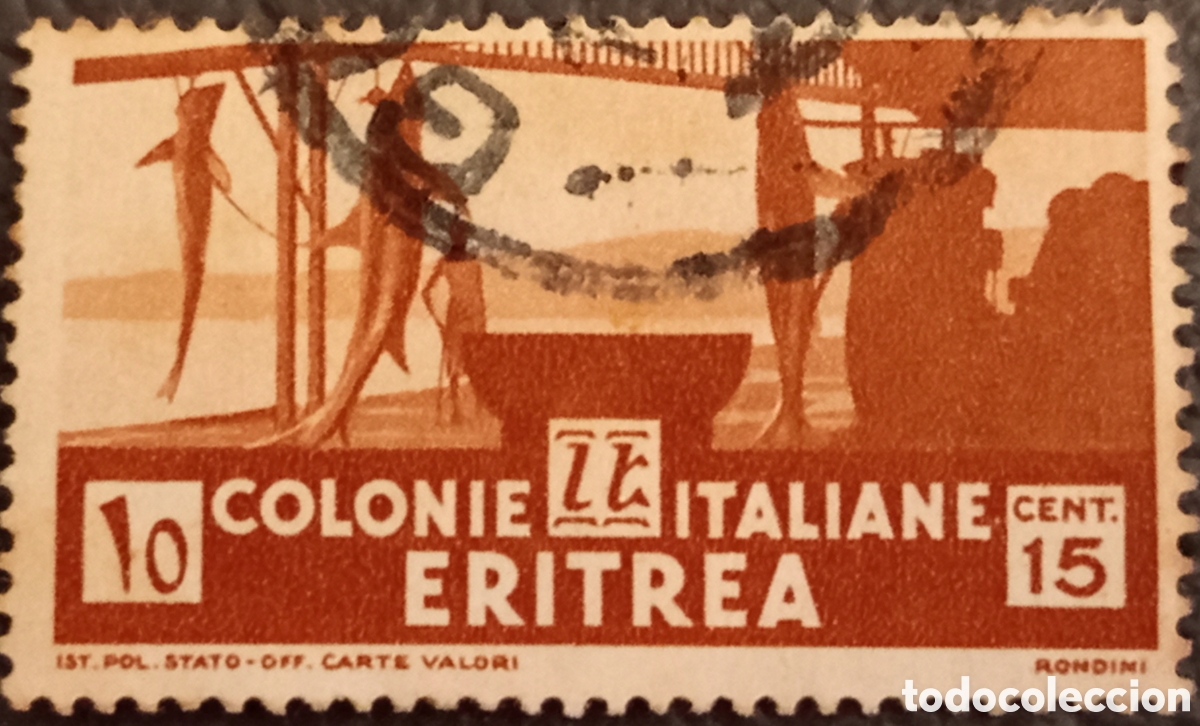 Sellos: Sello Eritrea Italiana 1934 - 15c Pardo Pesca Tiburones Usado (Scott 161)