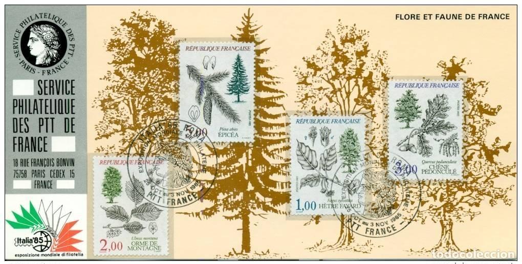 Sellos: 020 Mapa oficial Exposici&oacute;n Italia 1985 Francia FDC Serie Trees B&auml;ume